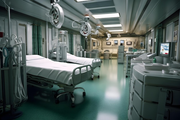 Una habitación de hospital con suelo verde y una cama de hospital con suelo azul y una sábana blanca.