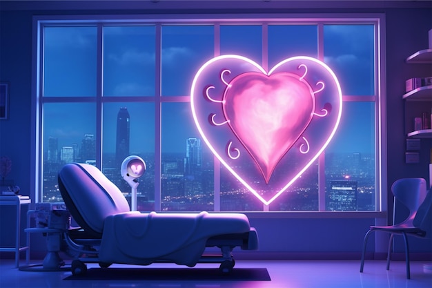 Una habitación de hospital con una ventana en forma de corazón y una luz azul.