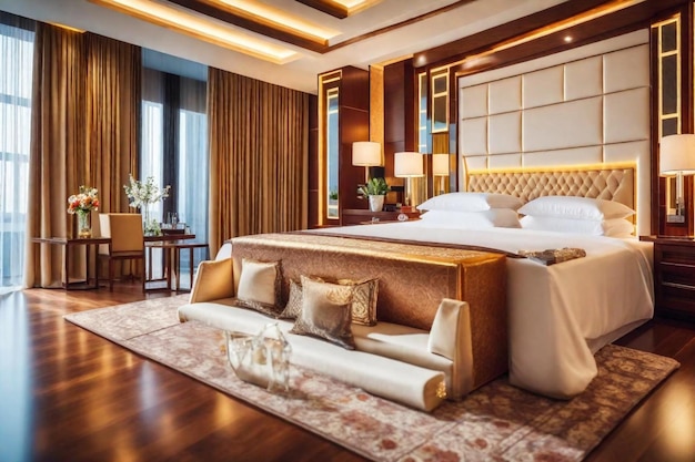 una habitación de hotel con una cama y un escritorio con una lámpara