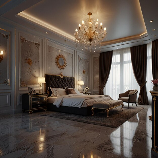 Foto una habitación de hotel con una cama y una lámpara de araña con una lámpada de araña colgando del techo