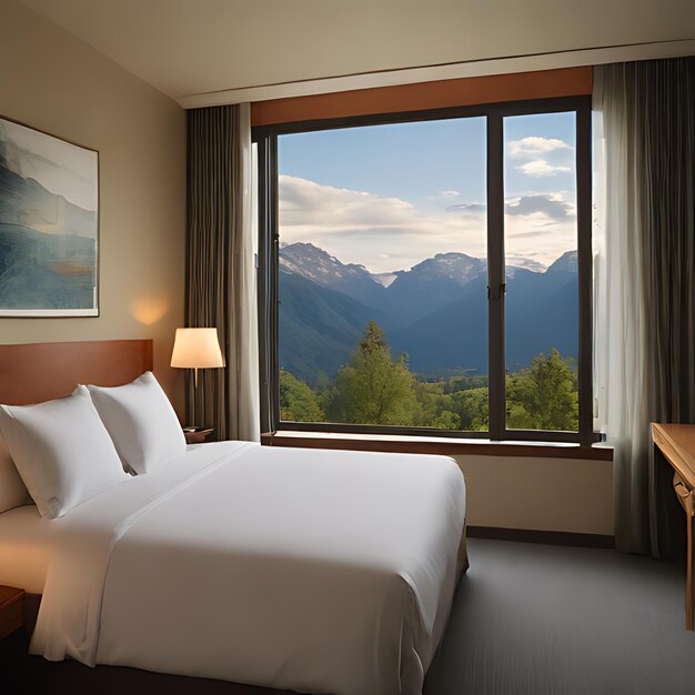 una habitación de hotel con una cama y una vista de las montañas