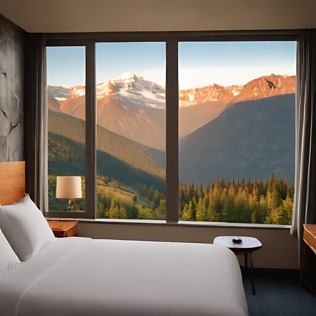 Foto una habitación de hotel con una cama y una vista de las montañas