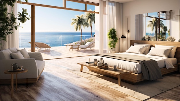 Habitación de hotel costero de lujo con vista al mar