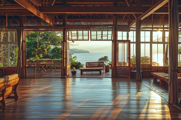 Foto habitación de hotel ecolodge abierta con vista al océano al amanecer