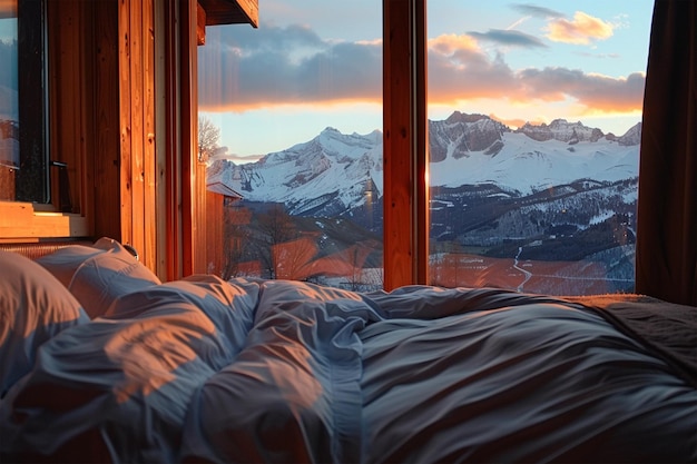 Foto habitación de hotel ecolodge abierta con vista a las montañas al atardecer