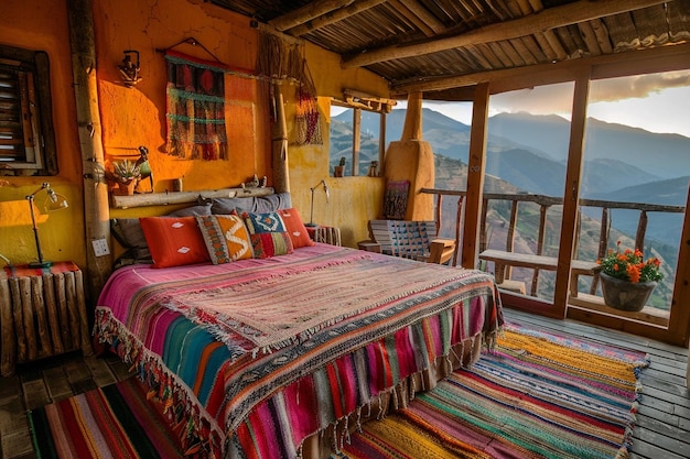 Foto habitación de hotel ecolodge abierta con vista a las montañas al atardecer