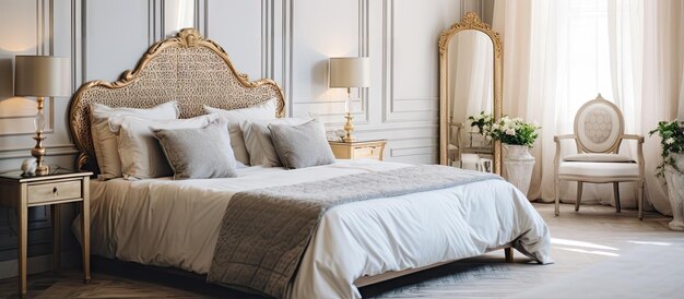 Habitación de hotel con espejo que muestra un dormitorio sereno y acogedor, decorado en tonos suaves y predominantemente blanco, con una cama bien dispuesta