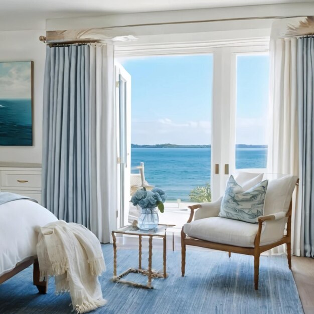 Una habitación de hotel de lujo con colores frescos y brillantes en el estilo de Bali dormitorio de estilo minimalista con vista al océano