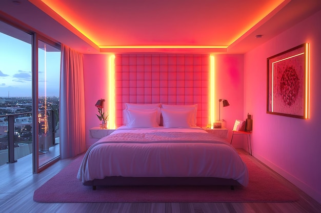 Habitación de hotel moderna con iluminación de neón con vistas al paisaje urbano al atardecer