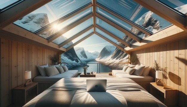 Habitación de hotel moderna en lo alto de las montañas de Noruega con techo transparente y luz natural