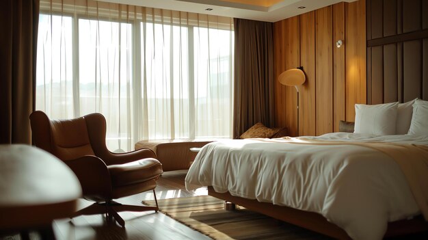 Foto una habitación de hotel simple y elegante con una cama grande una silla cómoda y una hermosa vista de la ciudad