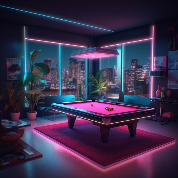una habitación iluminada con una mesa de billar y un televisor generativo ai