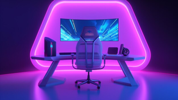 Una habitación iluminada con neón púrpura con una silla y un monitor