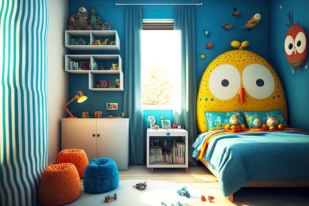 Habitación infantil azul amarillo con armarios de cuna y juguetes.