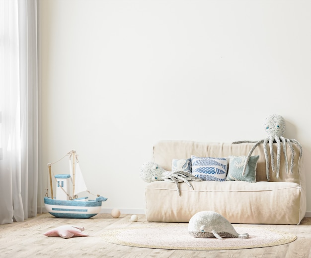 Habitación infantil con cama y juguetes blandos, pared blanca en el interior de la habitación de los niños en representación 3d