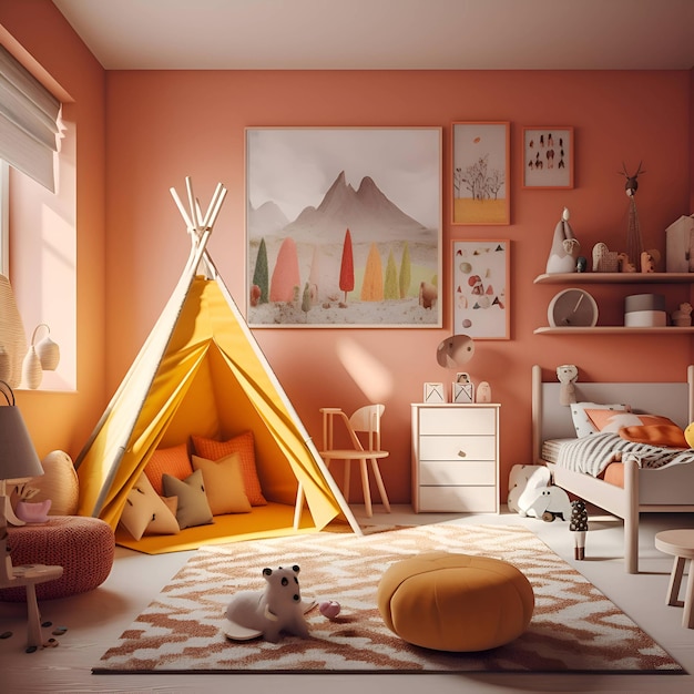 Habitación infantil con carpa y juguetes renderizado 3d