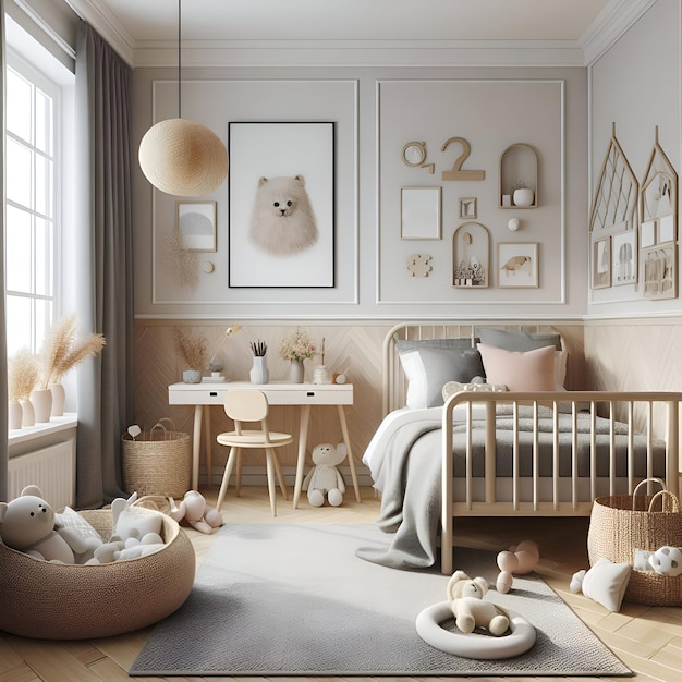 Una habitación infantil de colores suaves amueblada en estilo escandinavo con juguetes