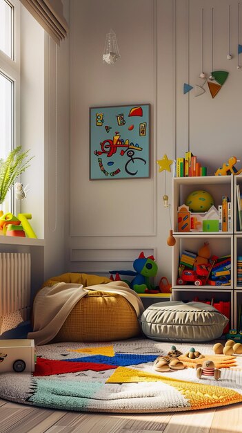 Una habitación infantil imaginativa llena de juguetes y juegos con decoración artística de la pared y una alfombra vibrante bajo una suave luz superior