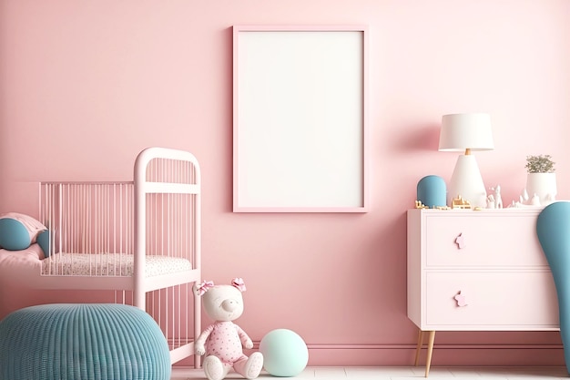 Habitación infantil con juguetes y cuna en tonos rosas suaves