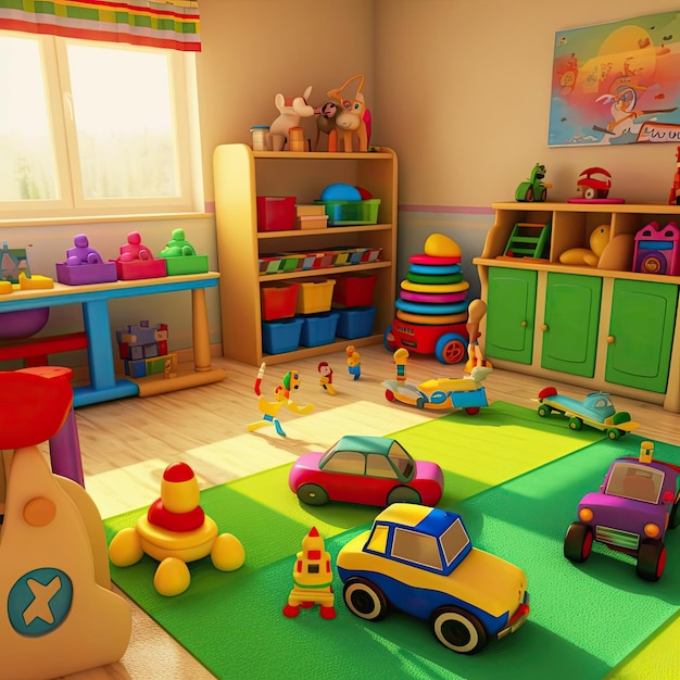 Una habitación infantil con juguetes.