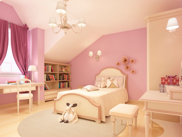 Habitación infantil luminosa de estilo clásico para niña. Representación 3D.