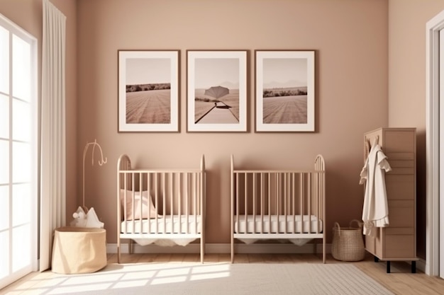 Habitación infantil minimalista moderna en estilo escandinavo Interior de la habitación del bebé en colores claros Imagen generada por IA