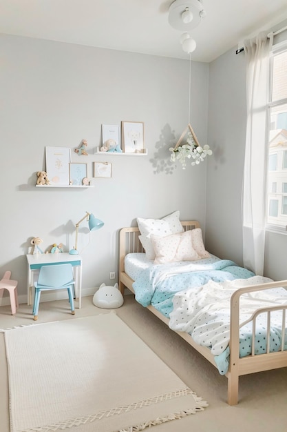Habitación infantil minimalista con pared beige.