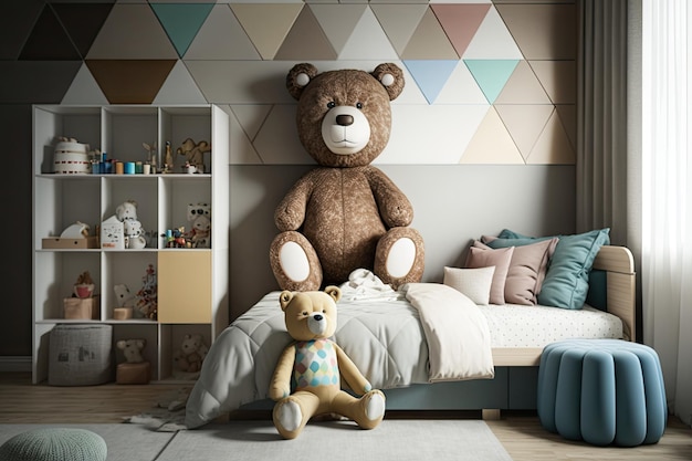 Habitación infantil moderna en colores neutros suaves con oso de peluche multicolor creado con ai generativo