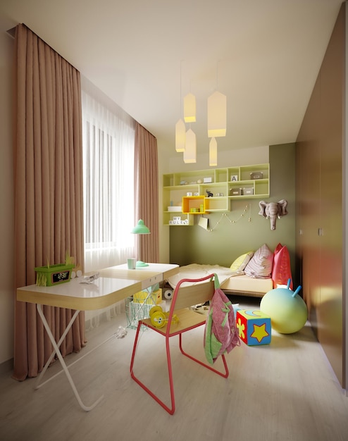 Una habitación infantil multicolor con una cama y un escritorio, una variedad de juguetes y decoración de diseño.