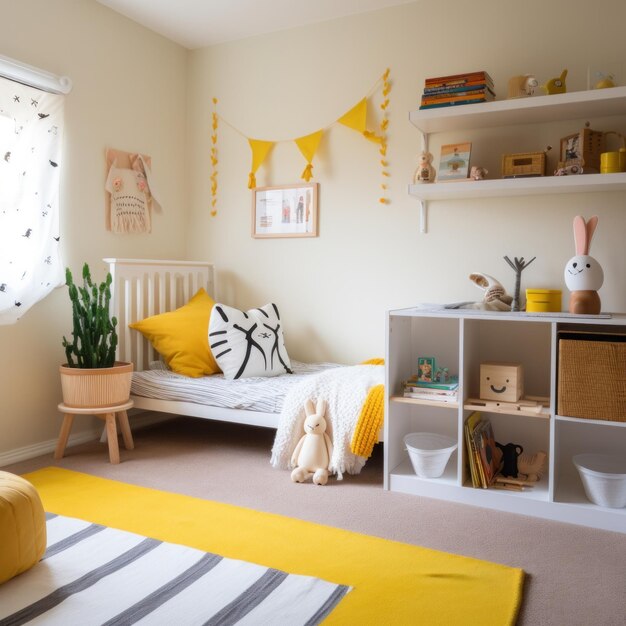 Foto una habitación infantil neutra en cuanto al género con un esquema de colores blanco y amarillo