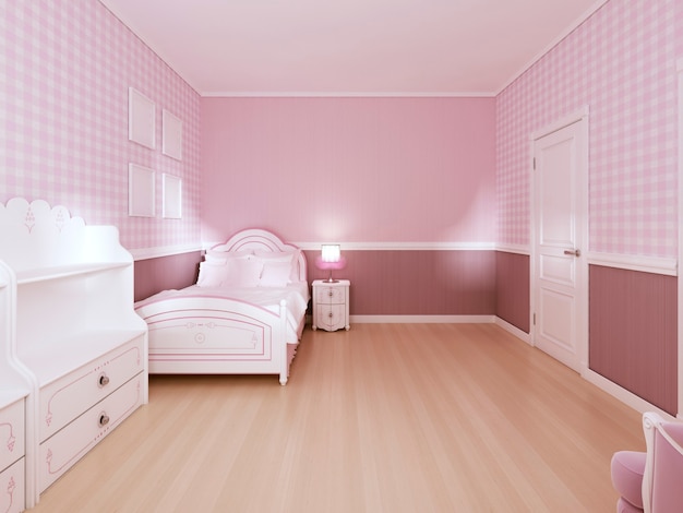 Habitación infantil para niñas de estilo clásico en colores rosa claro y  muebles blancos. representación 3d.