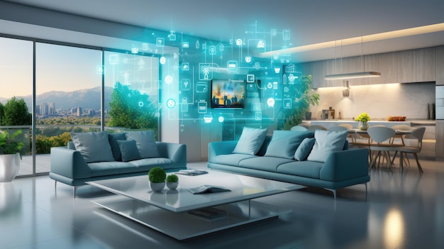 Foto habitación inteligente moderna interior del ecosistema con tecnología que mantiene las conexiones