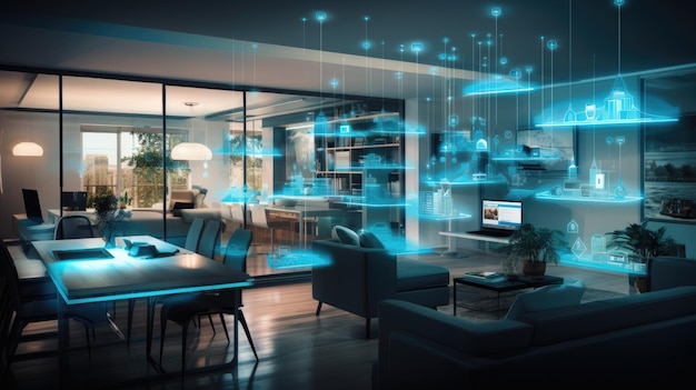 Foto habitación inteligente moderna interior del ecosistema con tecnología que mantiene las conexiones