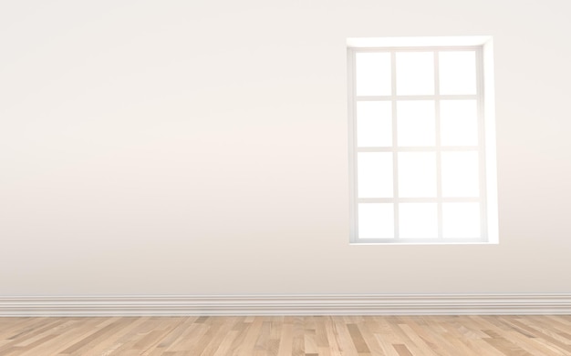habitación interior blanca vacía con suelo de madera de ventana en representación 3D