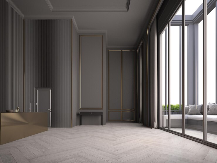 Habitación interior clásica moderna vacía con pared gris y piso de madera