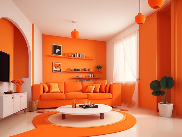 Habitación interior moderna 3d con color naranja