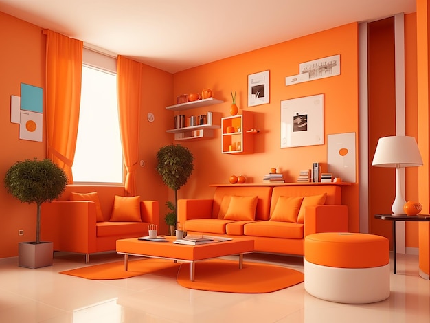 Habitación interior moderna 3d con color naranja