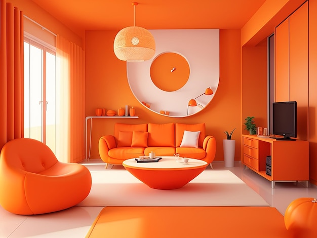 Habitación interior moderna 3d con color naranja