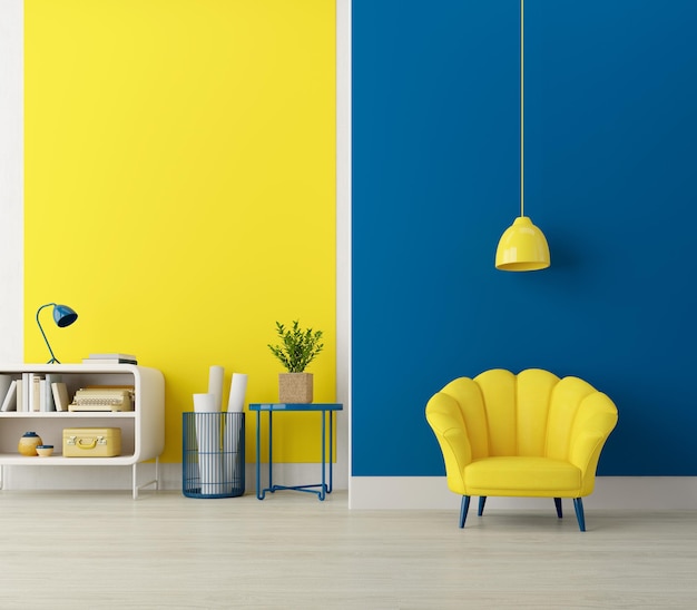 Habitación interior moderna con sillón Fondo de pared azul y amarillo