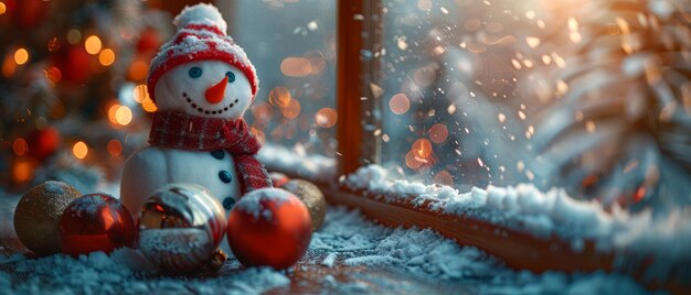 Una habitación interior de Navidad con bolas colgantes piruletas y un gracioso muñeco de nieve con sombrero mirando por detrás de la ventana Año Nuevo vacaciones de invierno concepto espacio de copia área vacía