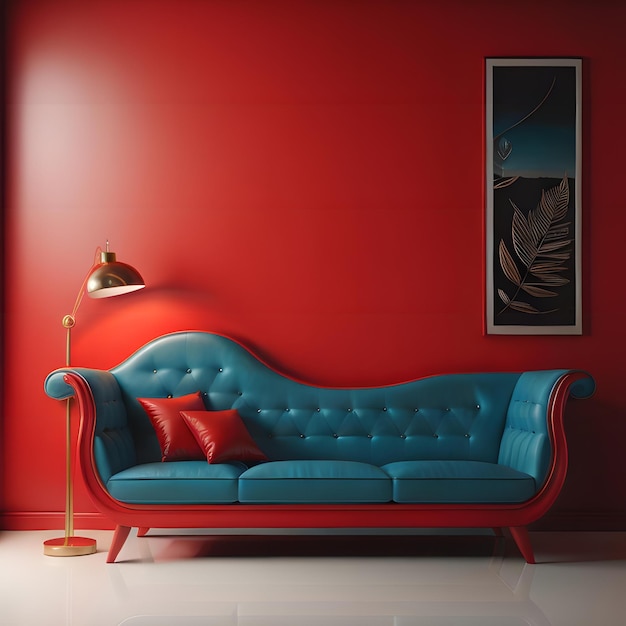 habitación interior roja con sofá azul y lámpara generativa ai