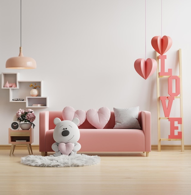 Habitación interior de san valentín con sofá rosa y decoración del hogar para el día de san valentín