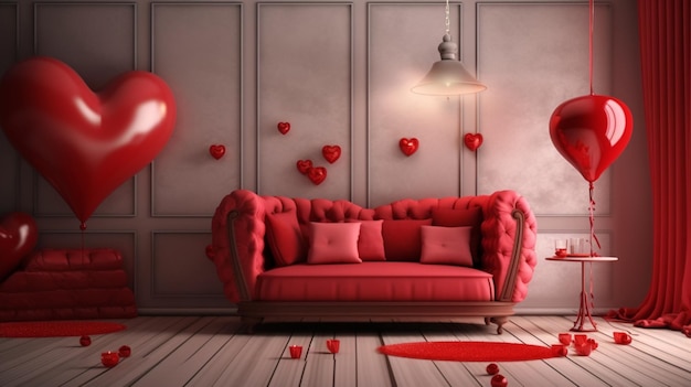 La habitación interior de San Valentín tiene un sofá rojo y una decoración para el hogar para el día de San Valentín AI generativa