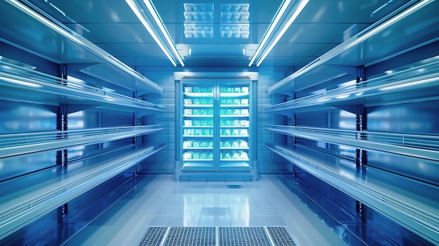 Foto una habitación interminable alineada con innumerables estantes llenos de alimentos almacenados en un entorno de congelador industrial