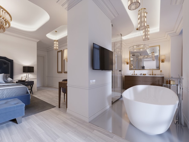 Habitación de invitados con baño abierto, ducha y tocador y bañera. Suite moderna. Representación 3D.