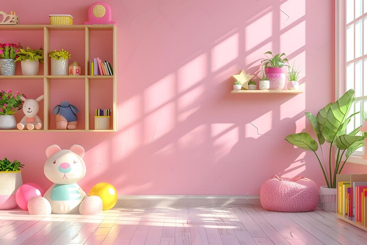 Habitación de juegos acogedora y colorida con juguetes blandos y decoración brillante