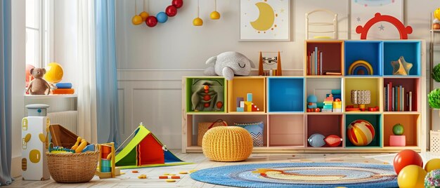 Habitación de juegos espaciosa con colores vivos con un gran elefante de peluche cajas de almacenamiento de colores y una alfombra de juego central para las actividades de los niños