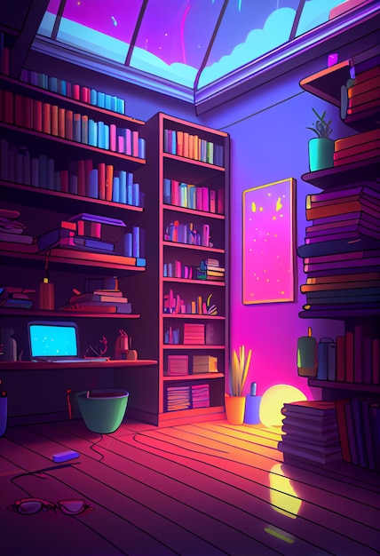 Una habitación con una librería y una librería con libros.