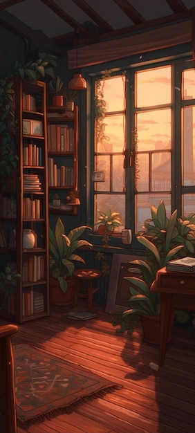 Una habitación con una librería y una ventana con una planta.