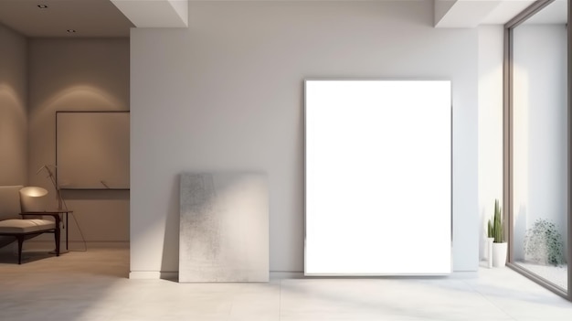 Una habitación con un lienzo blanco en la pared y un marco de madera.